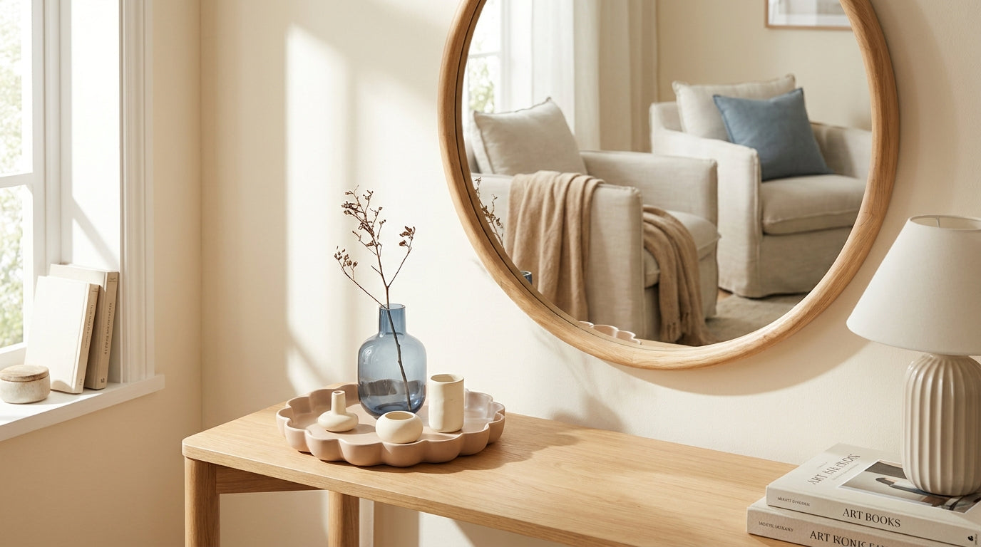 Scalloped tray and curved mirror on a warm neutral console