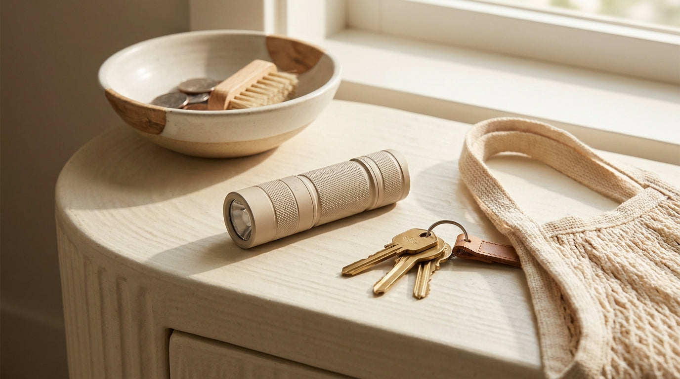 Small flashlight beside keys and a bag on a cream surface
