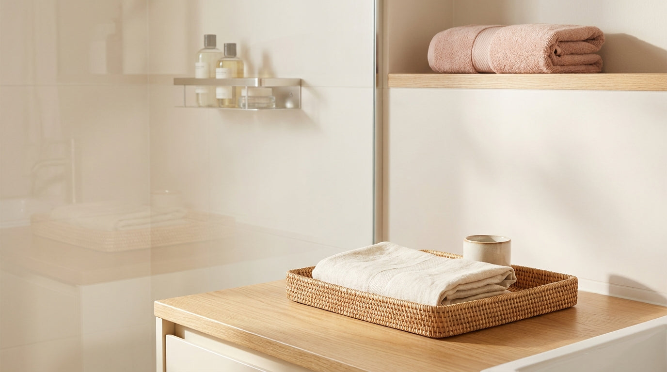 Small calm bathroom storage with folded towel and woven tray