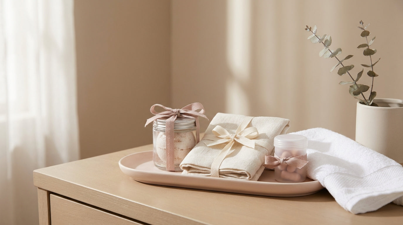 Little treat self-care gifts on a blush and cream tray