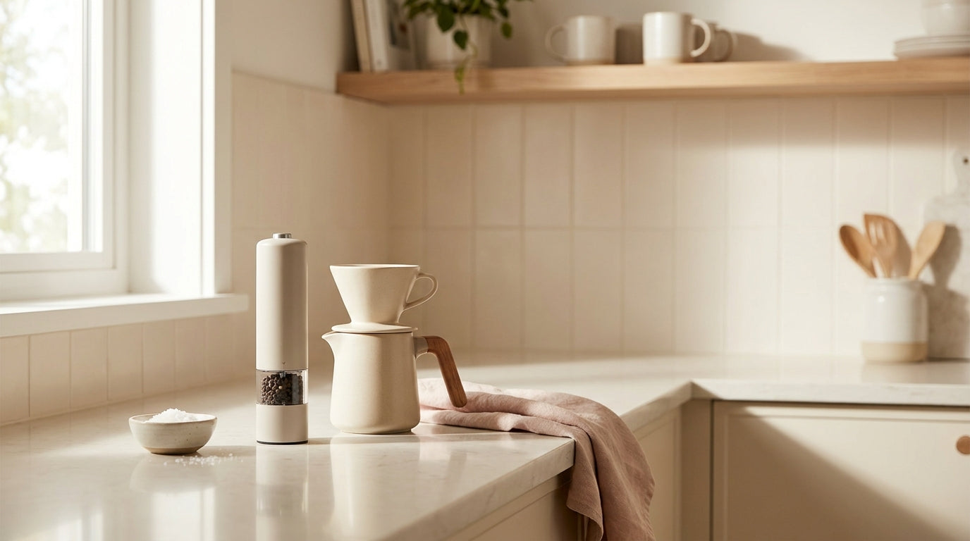 Useful kitchen counter gadgets styled on a warm neutral countertop