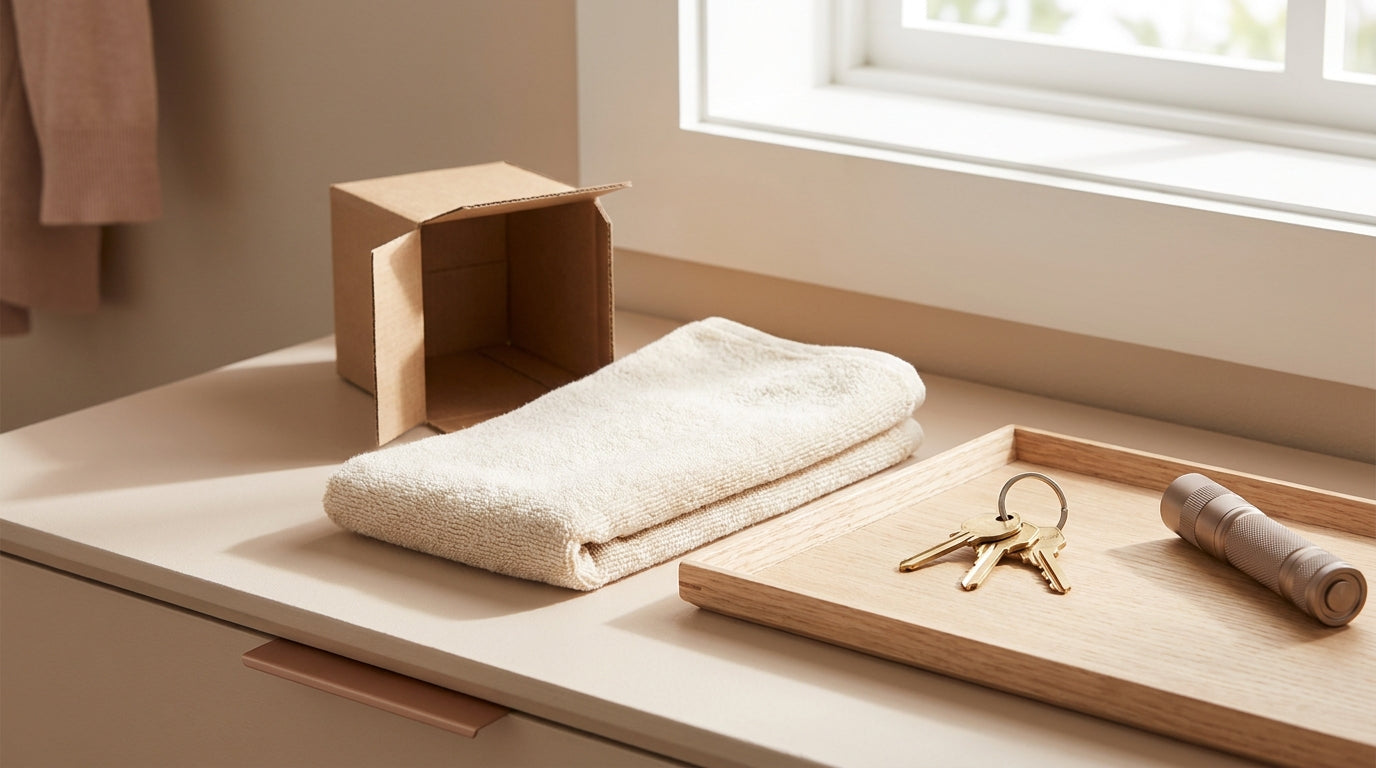 First week in a new home checklist with keys box towel and small light