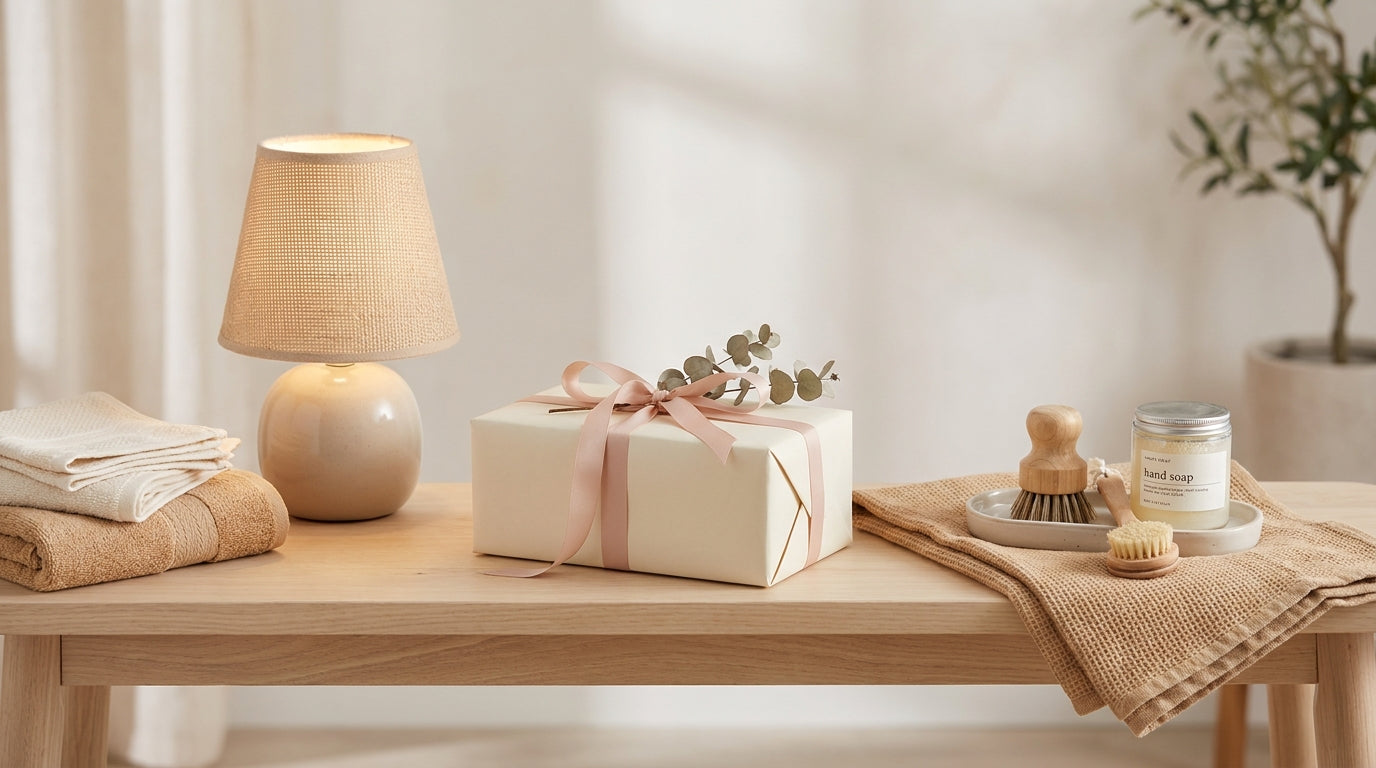 Useful new apartment gifts on a soft neutral entryway console