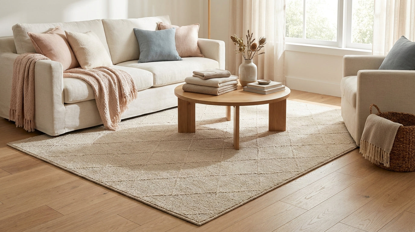 Neutral washable rug in a bright tidy soft modern living room
