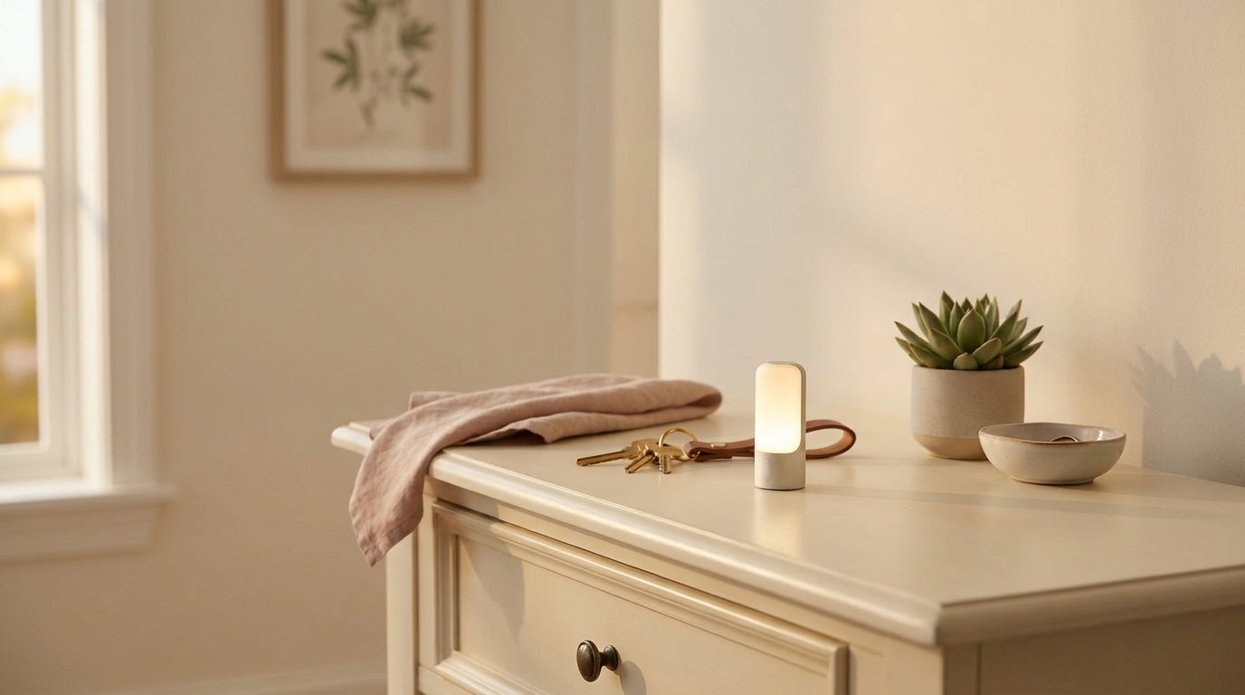 Compact backup light on a cream hallway console with keys