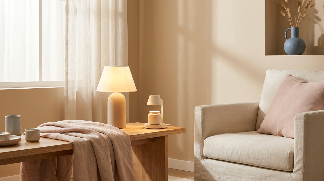 Soft lighting in a warm beige home corner with linen texture