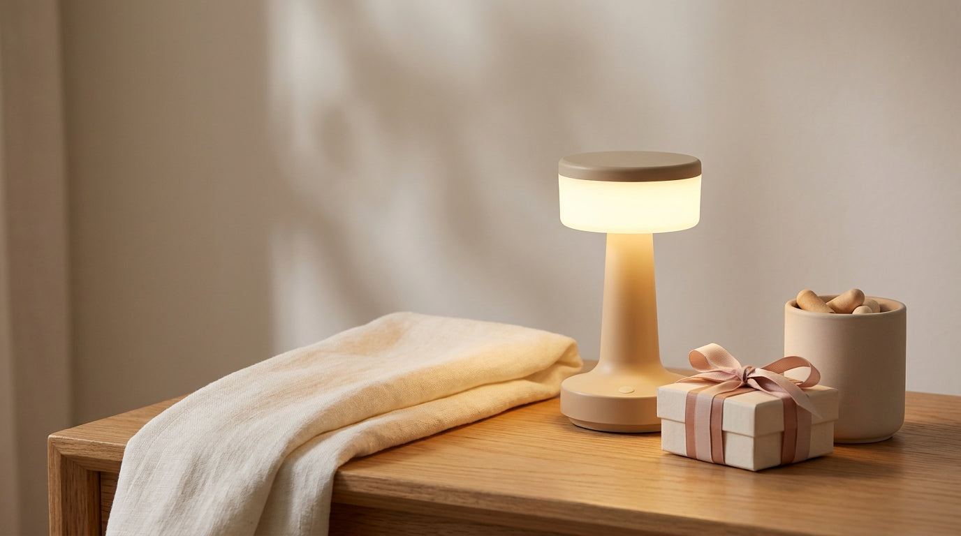 Cosy night in gifts with lamp glow and folded textile