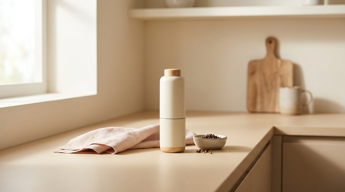 Electric pepper grinder styled in a warm neutral kitchen