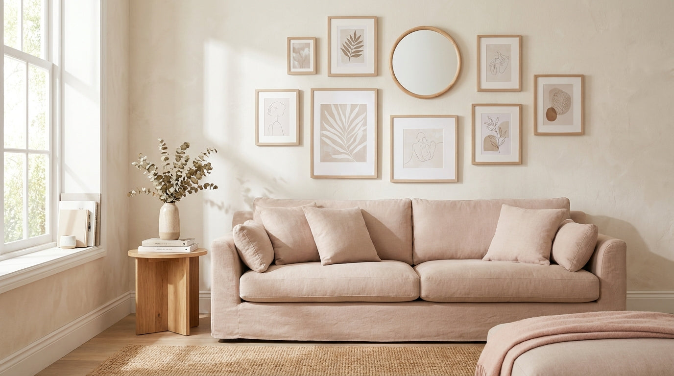 Calm gallery wall with neutral frames and one mirror