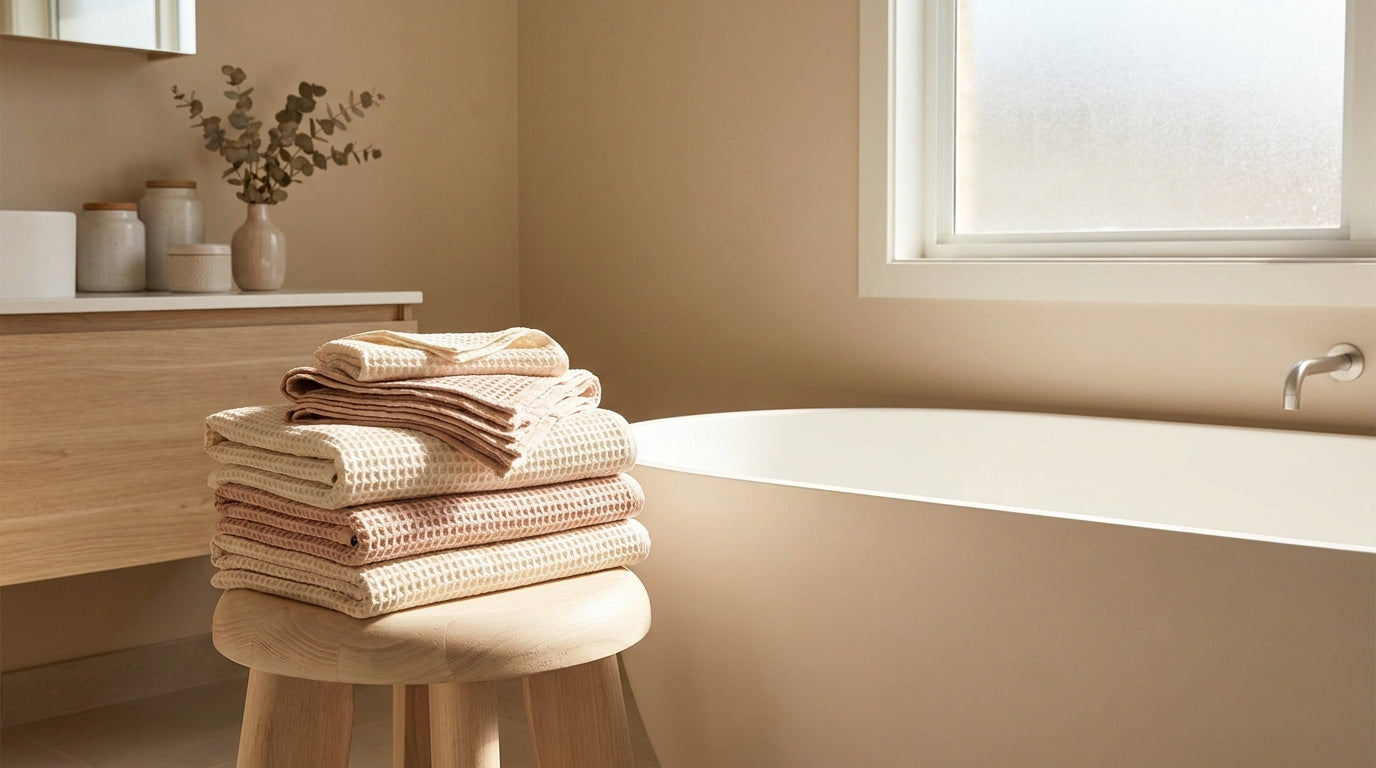 Linen waffle towels folded on a pale wood stool by a bath