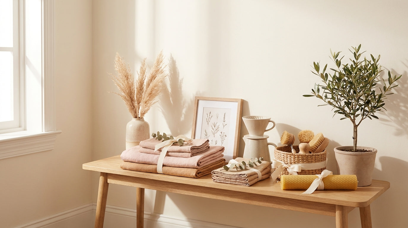 Curated housewarming gifts in blush cream and warm beige tones