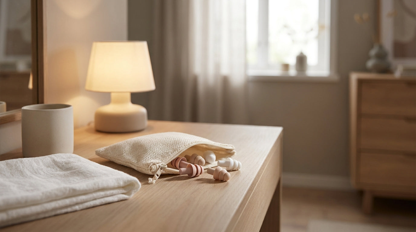 Earplugs in a neutral bedside pouch with soft lamplight