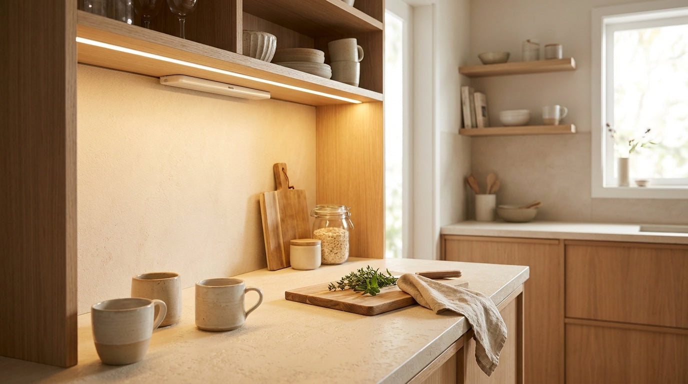 Small kitchen counter with warm under-cabinet lighting