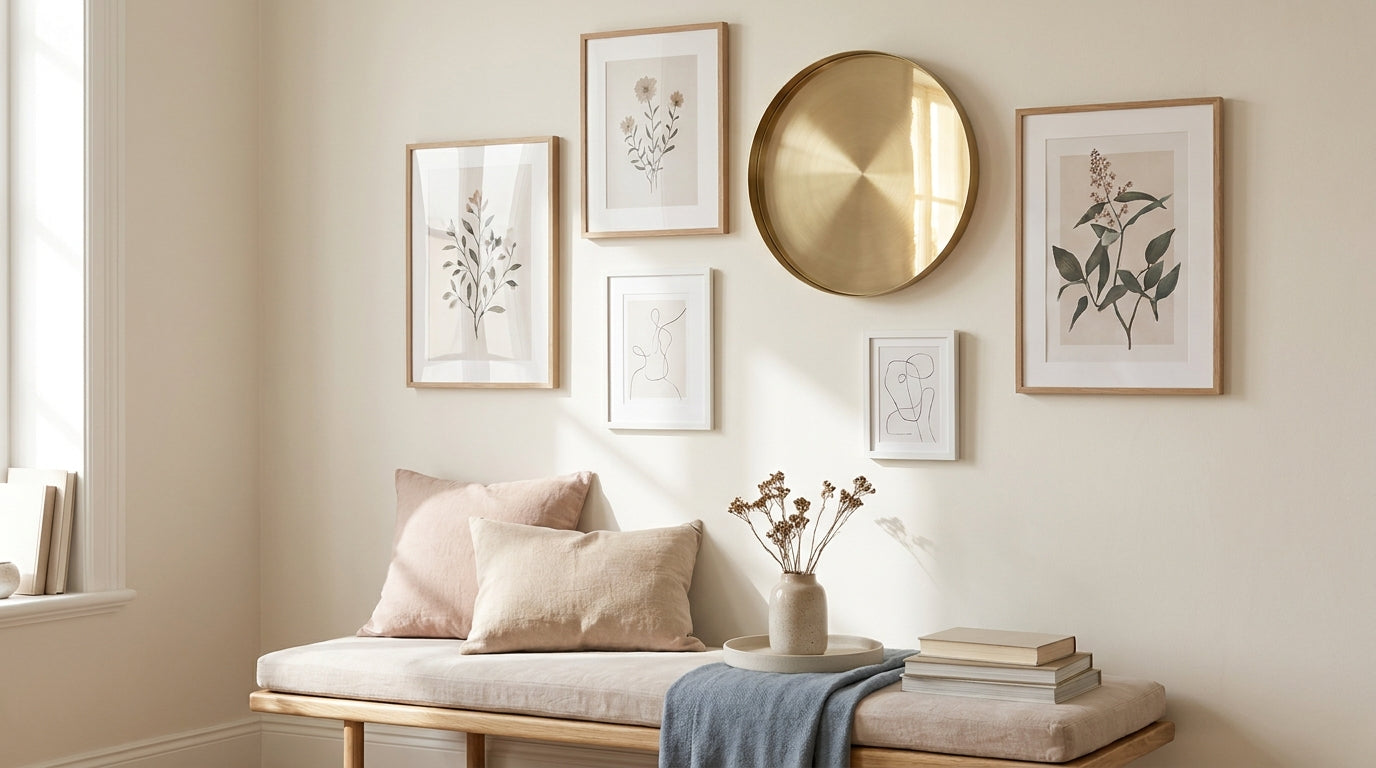 Gallery wall with art mirrors and calm empty space