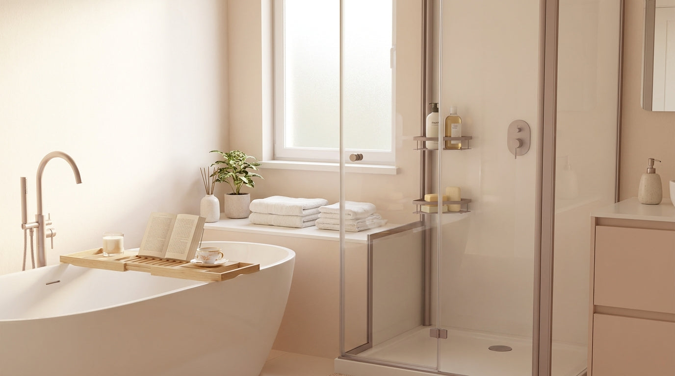 Bath tray and shower caddy comparison in a cream bathroom