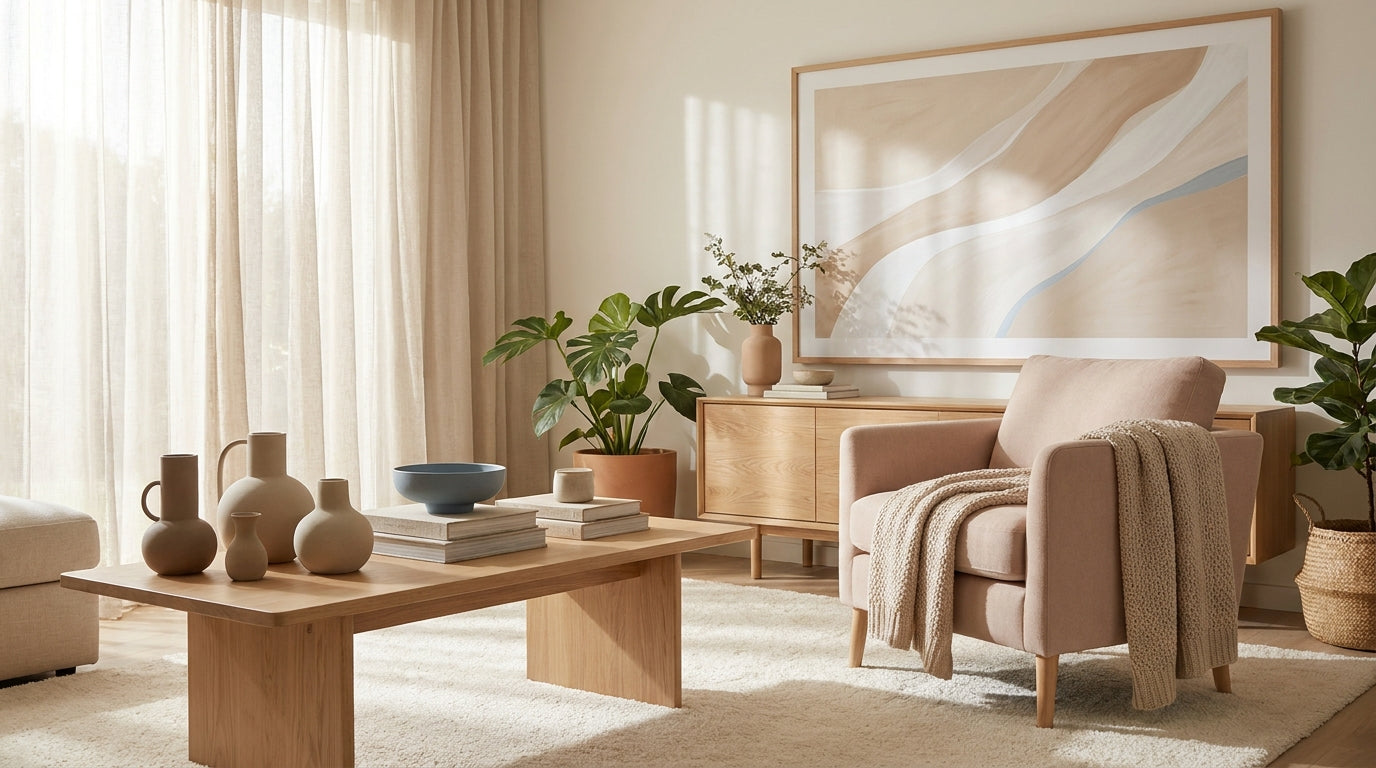 Calm neutral interior with classic textures and restrained decor accent