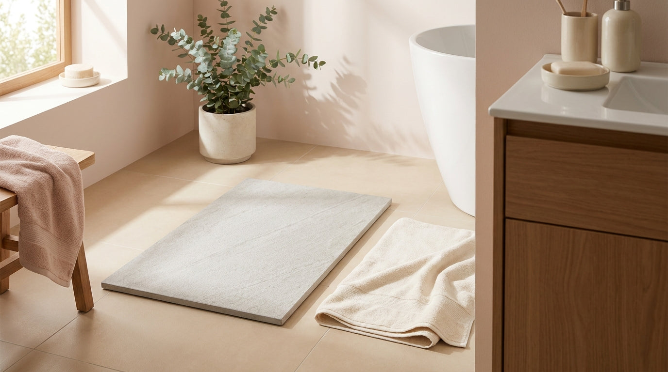 Stone bath mat and cream towel in a minimal bathroom