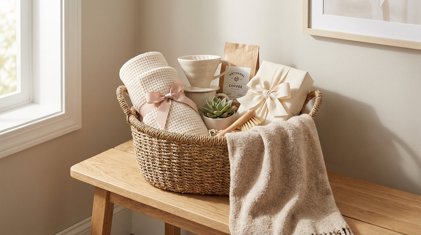 Curated housewarming gift basket in cream and blush tones