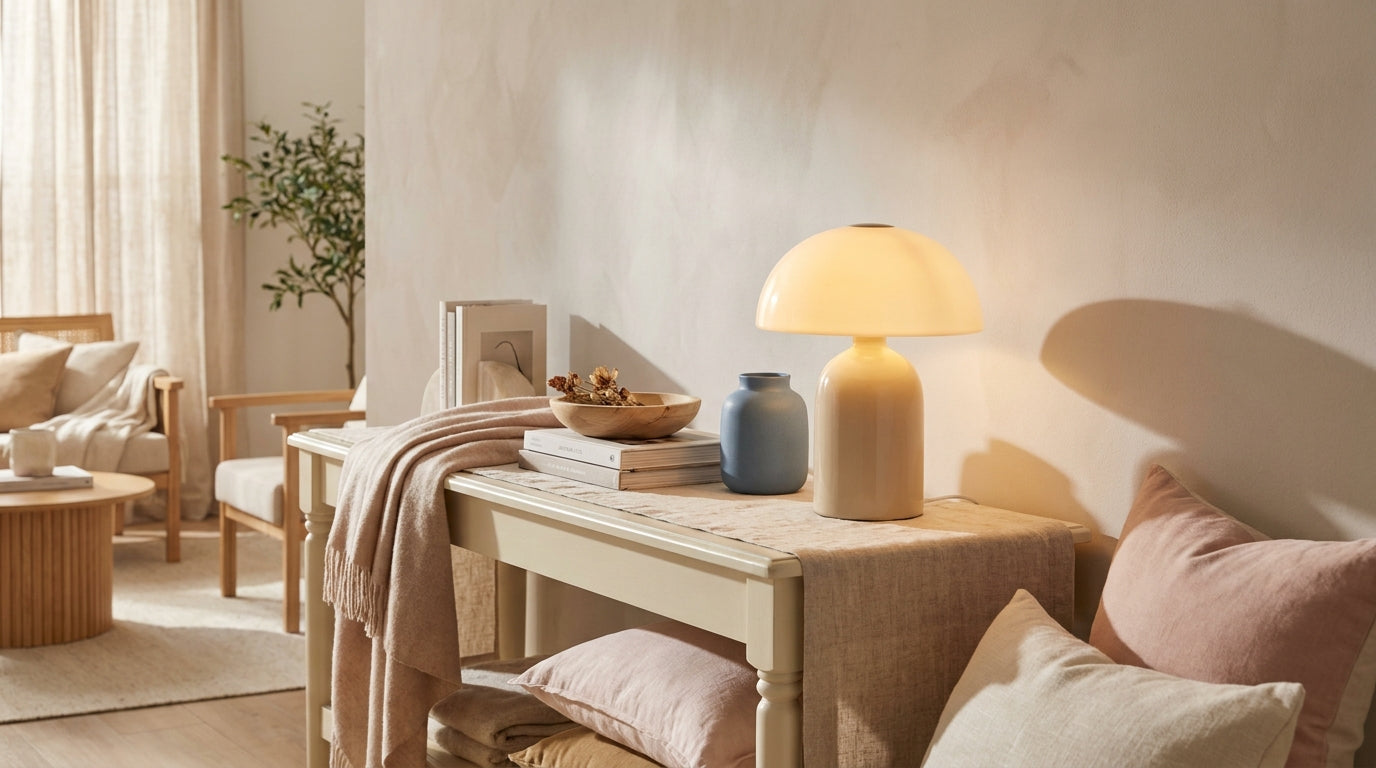 Rechargeable table lamp glowing on a cream console with linen texture