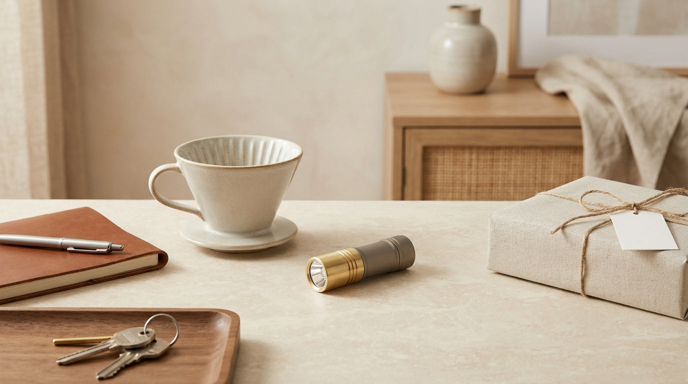 Useful Father's Day utility gift flatlay in cream stone and warm grey