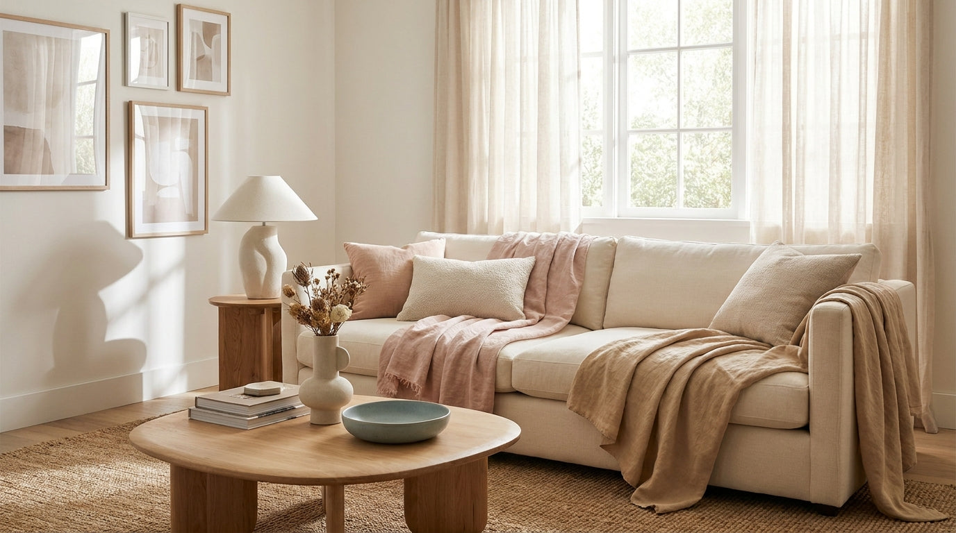 Soft modern living room with washed linen and blush beige decor