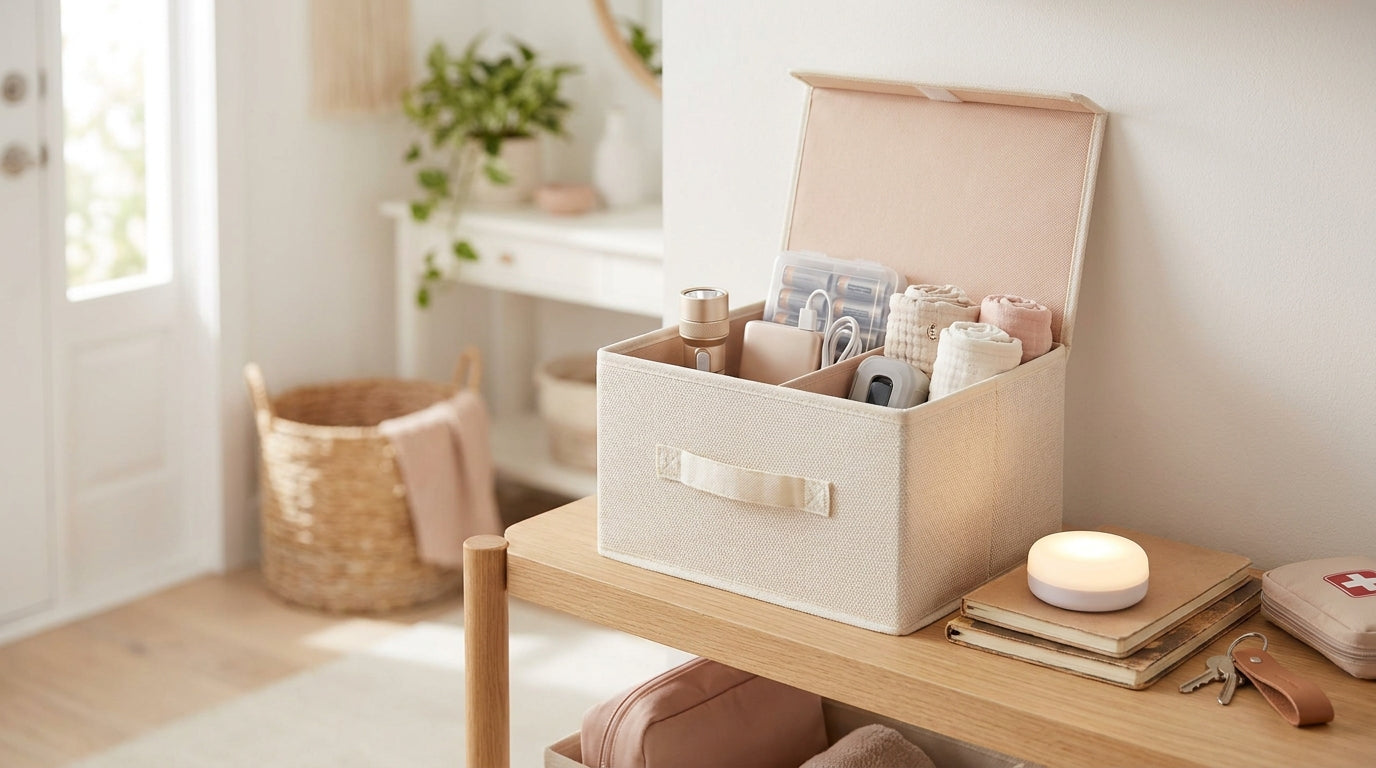 Calm home preparedness kit in a cream storage box with small light