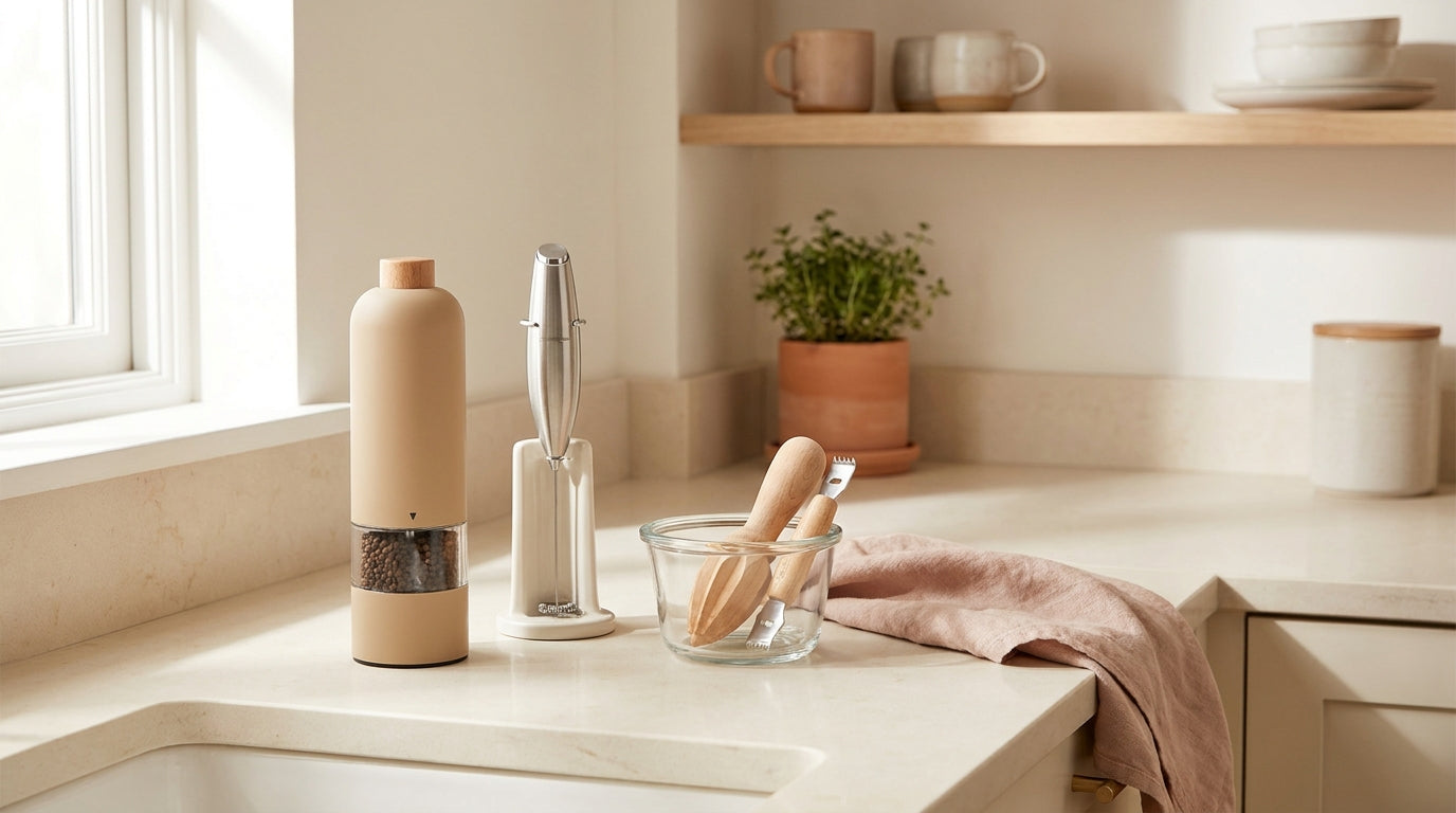 Compact kitchen gadgets on a soft cream counter in natural light