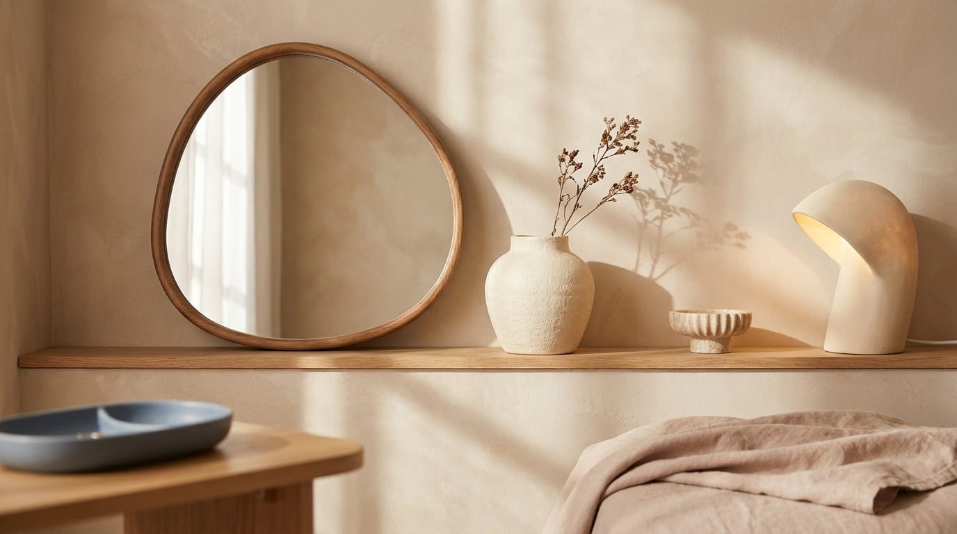 Rounded mirror and textured ceramic decor on a beige wall