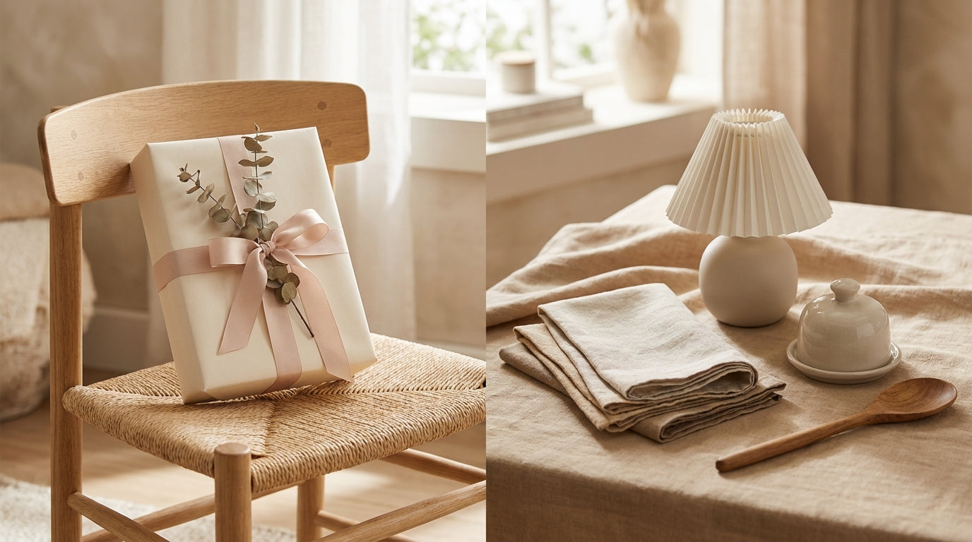 Thoughtful hostess gift wrapped in neutral tones on a dining chair