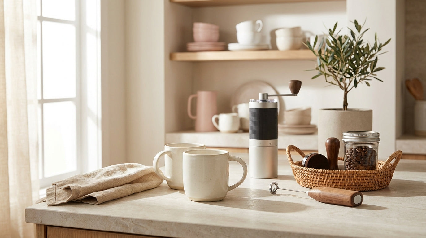 Coffee lover gift ideas with cream mugs and compact kitchen tool
