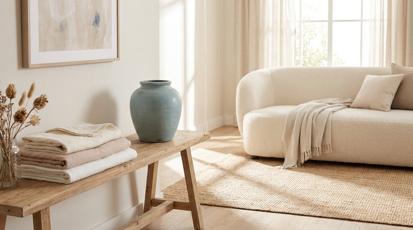 Patina Blue vase in a warm neutral soft modern room