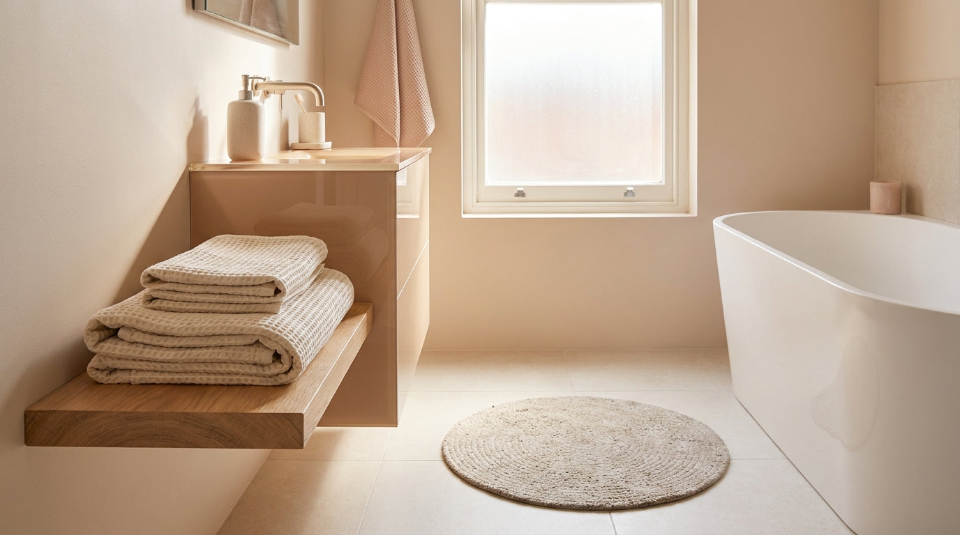 Spa-like beige bathroom with folded towels and soft natural light
