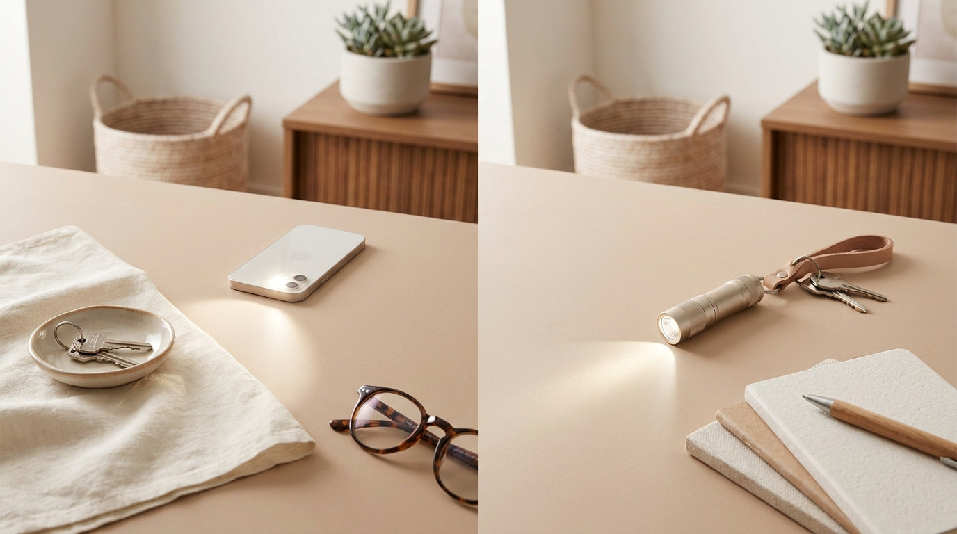 Phone flashlight and keychain flashlight compared on a beige tabletop
