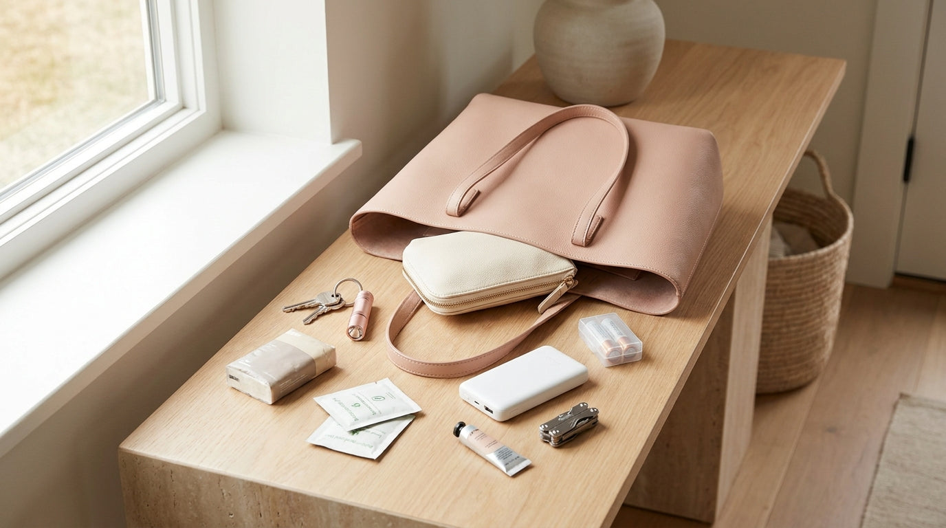 Handbag emergency kit with keys small light and portable essentials