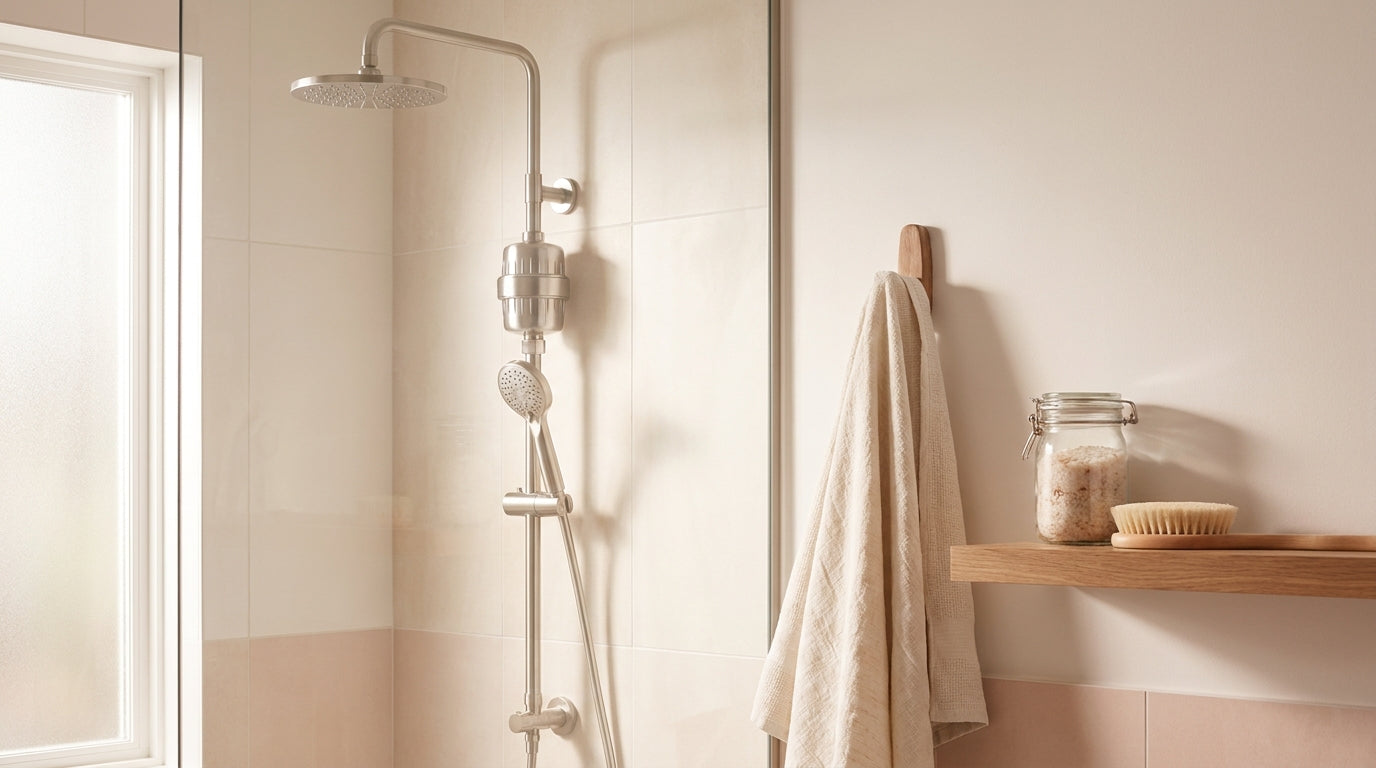 Neutral shower filter styling with linen towel and soft bathroom light
