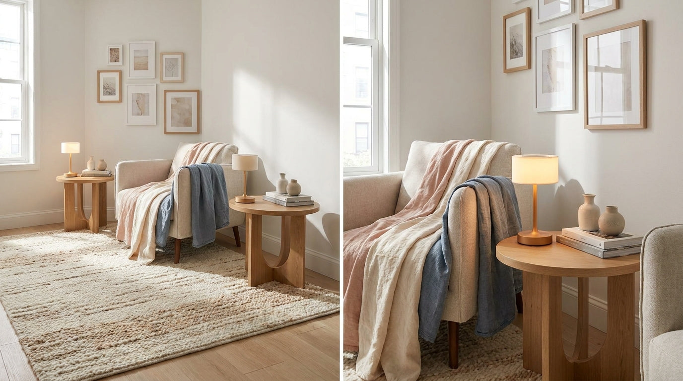 Rental-friendly living room with washable rug and soft lighting