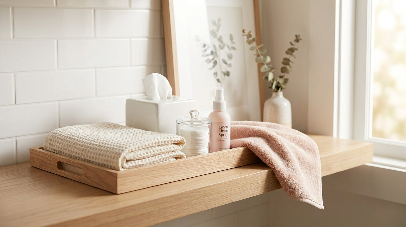 Guest bathroom basket with folded hand towel and soft neutral styling