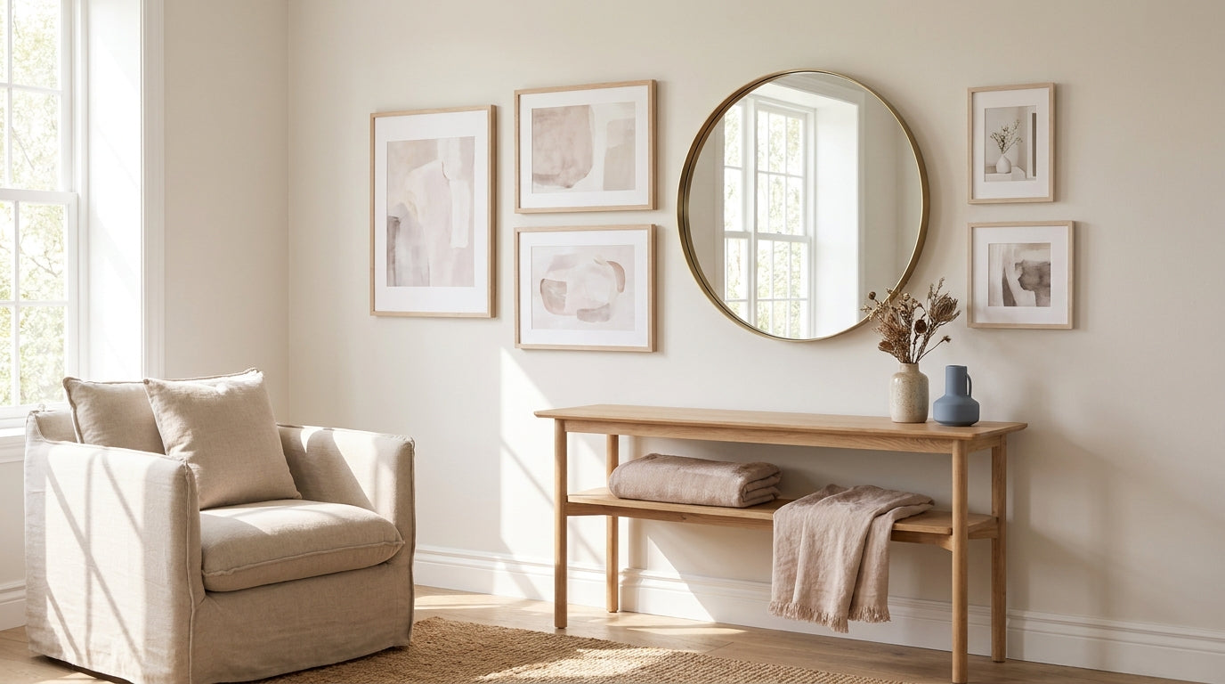 Wall art mirrors and gallery prints on a light-filled neutral wall