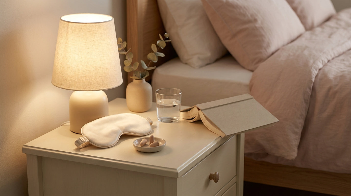 Cream bedside table with soft lamp glow and minimal essentials