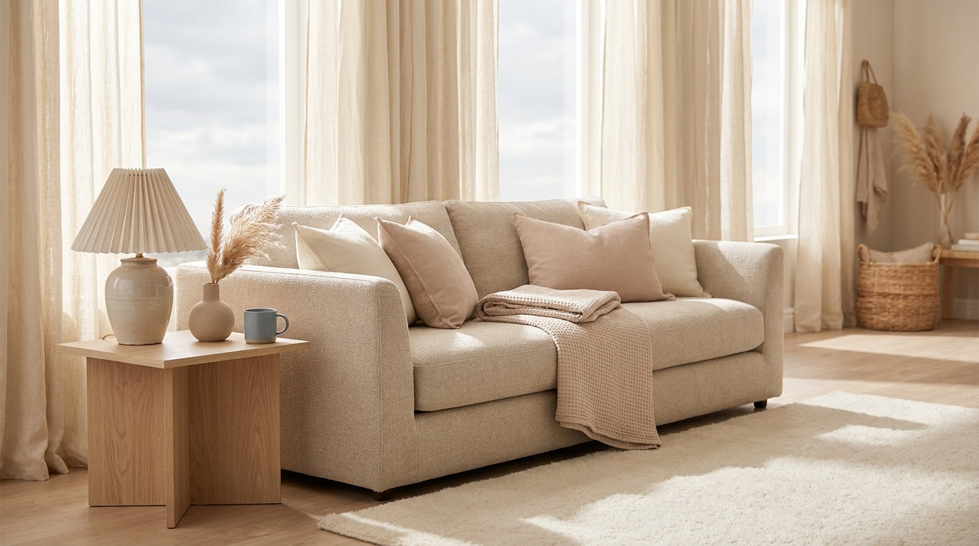 Cream washed linen decor styled in soft natural light