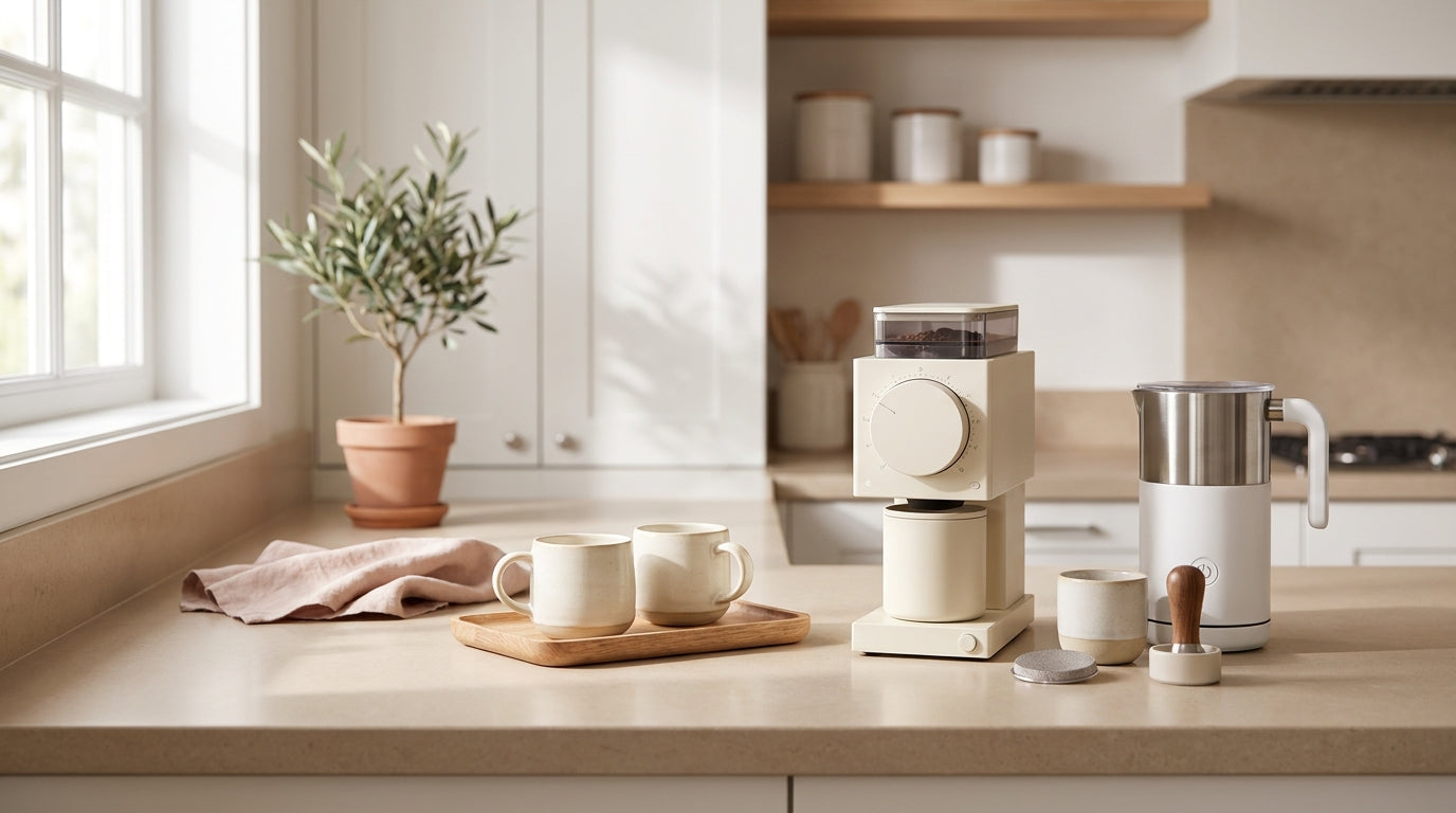 Small coffee station with cream mugs and warm beige counter styling