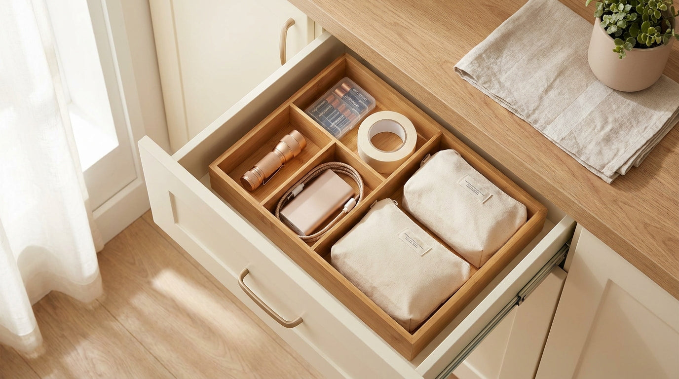 Compact emergency kit drawer with small light batteries and charger