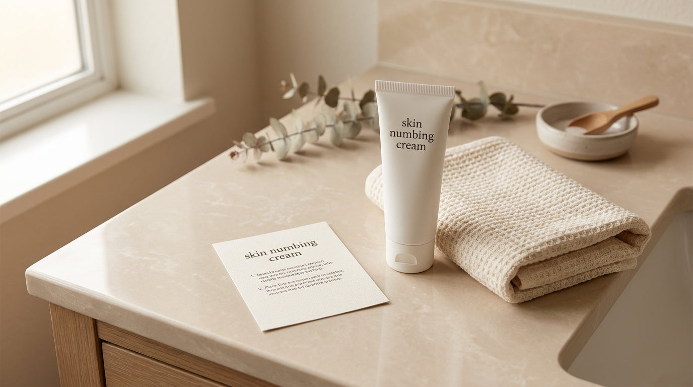 Skin numbing cream tube beside instruction card and neutral towel