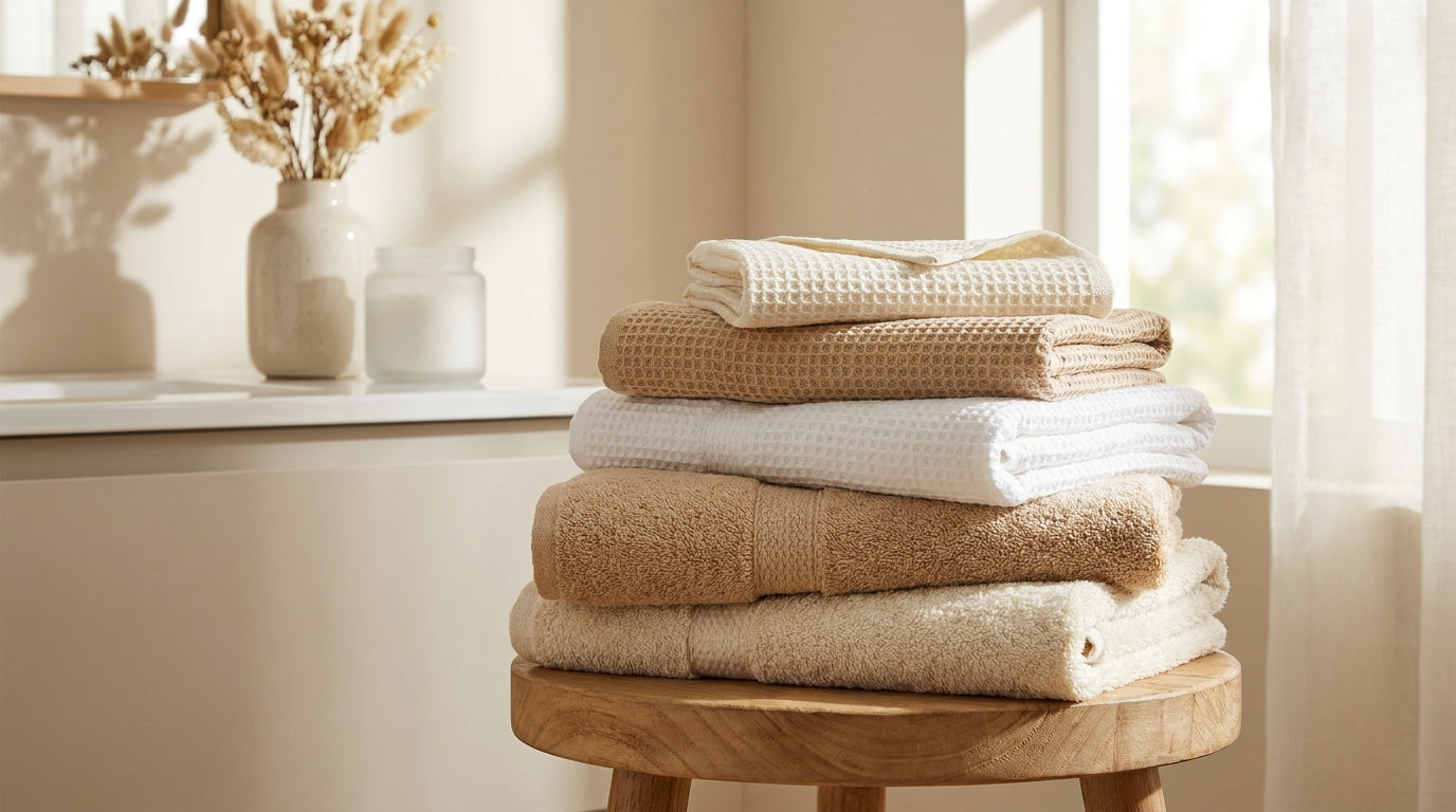Cream waffle and plush towels stacked on a bathroom stool