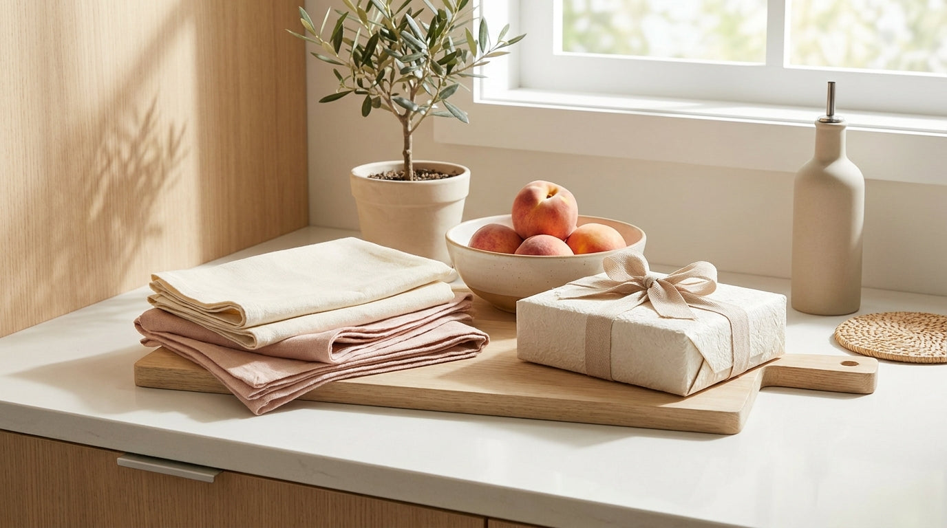 Summer hostess gift on a soft linen table in natural light